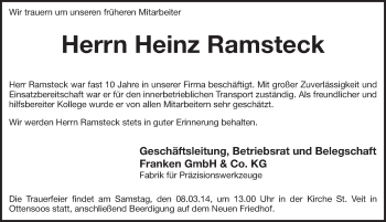 Traueranzeige von Heinz Ramsteck von Pegnitz-Zeitung